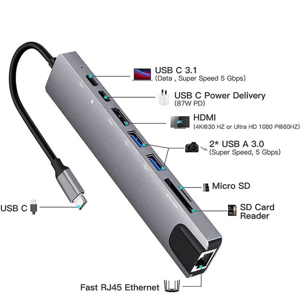 8 IN1 MULTI-PORT TYPE C TO USB C 4K HDMI ADAPTER USB 3.0 - 8 in 1 usb hub - Type c to 8 in 1 hub - Type c to different hubs - Type c to hubs