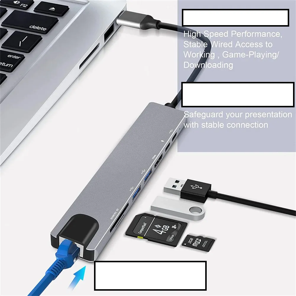 8 IN1 MULTI-PORT TYPE C TO USB C 4K HDMI ADAPTER USB 3.0 - 8 in 1 usb hub - Type c to 8 in 1 hub - Type c to different hubs - Type c to hubs - Image 2