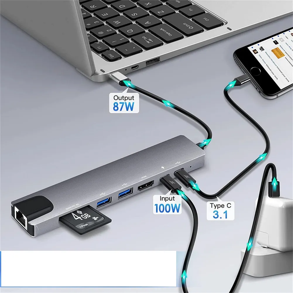 8 IN1 MULTI-PORT TYPE C TO USB C 4K HDMI ADAPTER USB 3.0 - 8 in 1 usb hub - Type c to 8 in 1 hub - Type c to different hubs - Type c to hubs - Image 3