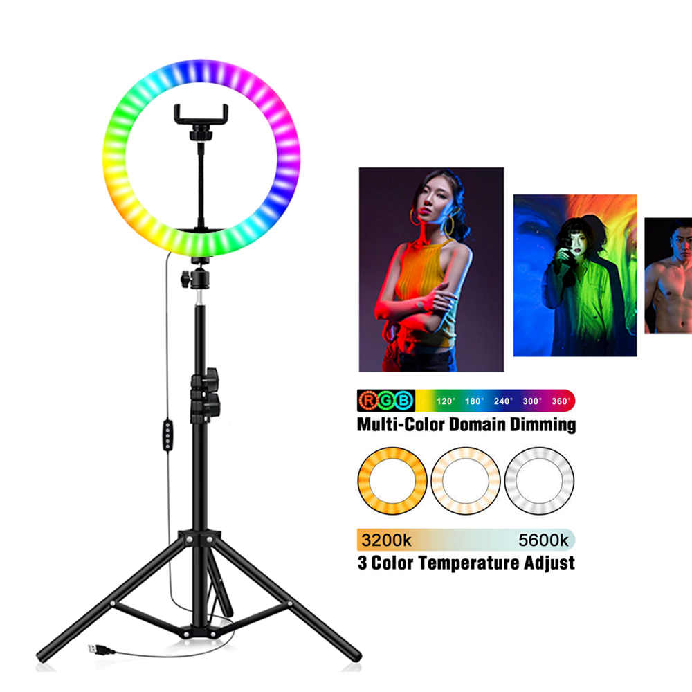 ENRG RGB LED Soft RinglIght 16 Spectrum 10 Inch \ 26 cm With 7.5ft Metal Tripod Stand And Mobile Phone Holder Black