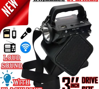 Original KTS 1183 Bluetooth Wireless Speaker / Support USB – SD Card – MIC / FM Radio / USB Charging / 3″ Drive Size / Mini MP3 Player / Very Loud & Clear Sound System Loudspeaker / Torch / High Quality Stereo Bass Rechargeable Speakers With Flashlight