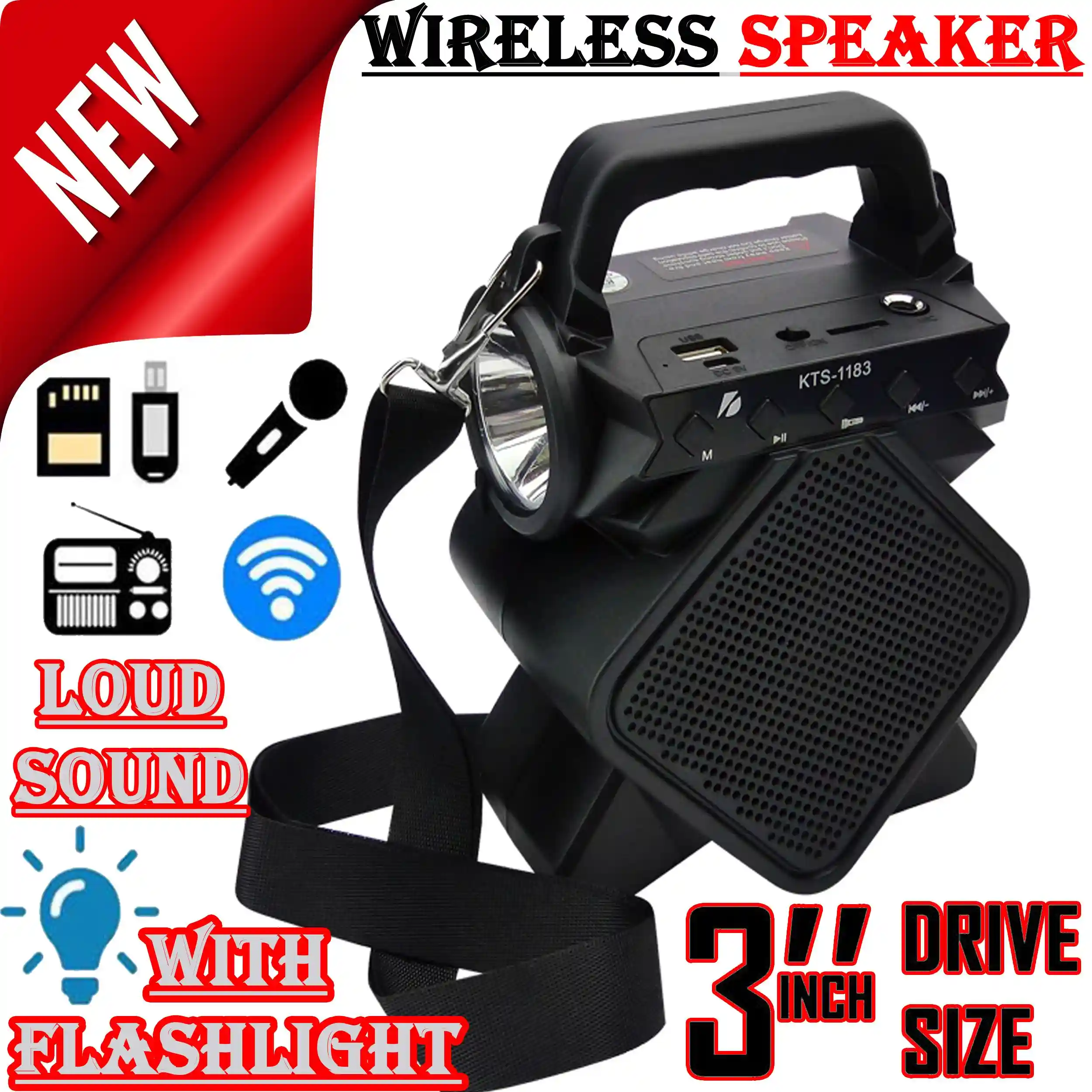 Original KTS 1183 Bluetooth Wireless Speaker / Support USB - SD Card - MIC / FM Radio / USB Charging / 3" Drive Size / Mini MP3 Player / Very Loud & Clear Sound System Loudspeaker / Torch / High Quality Stereo Bass Rechargeable Speakers With Flashlight