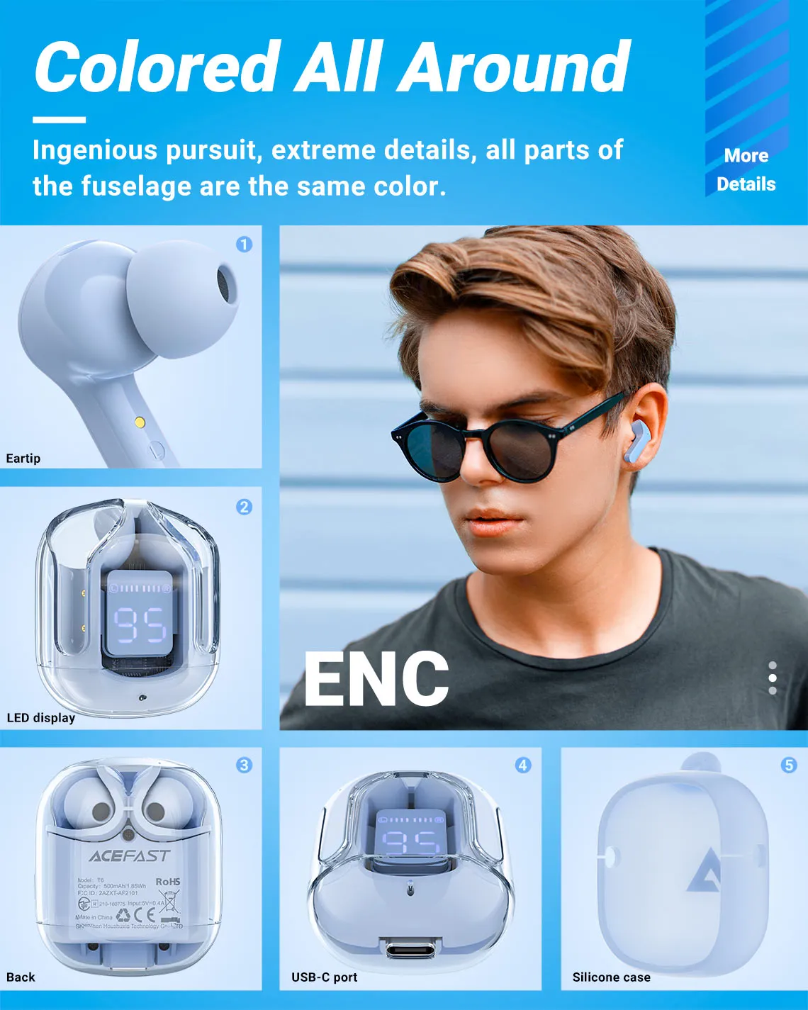 Acefast Crystal Earbuds T6/AT6 Youth Green and Sapphire Blue - Image 4