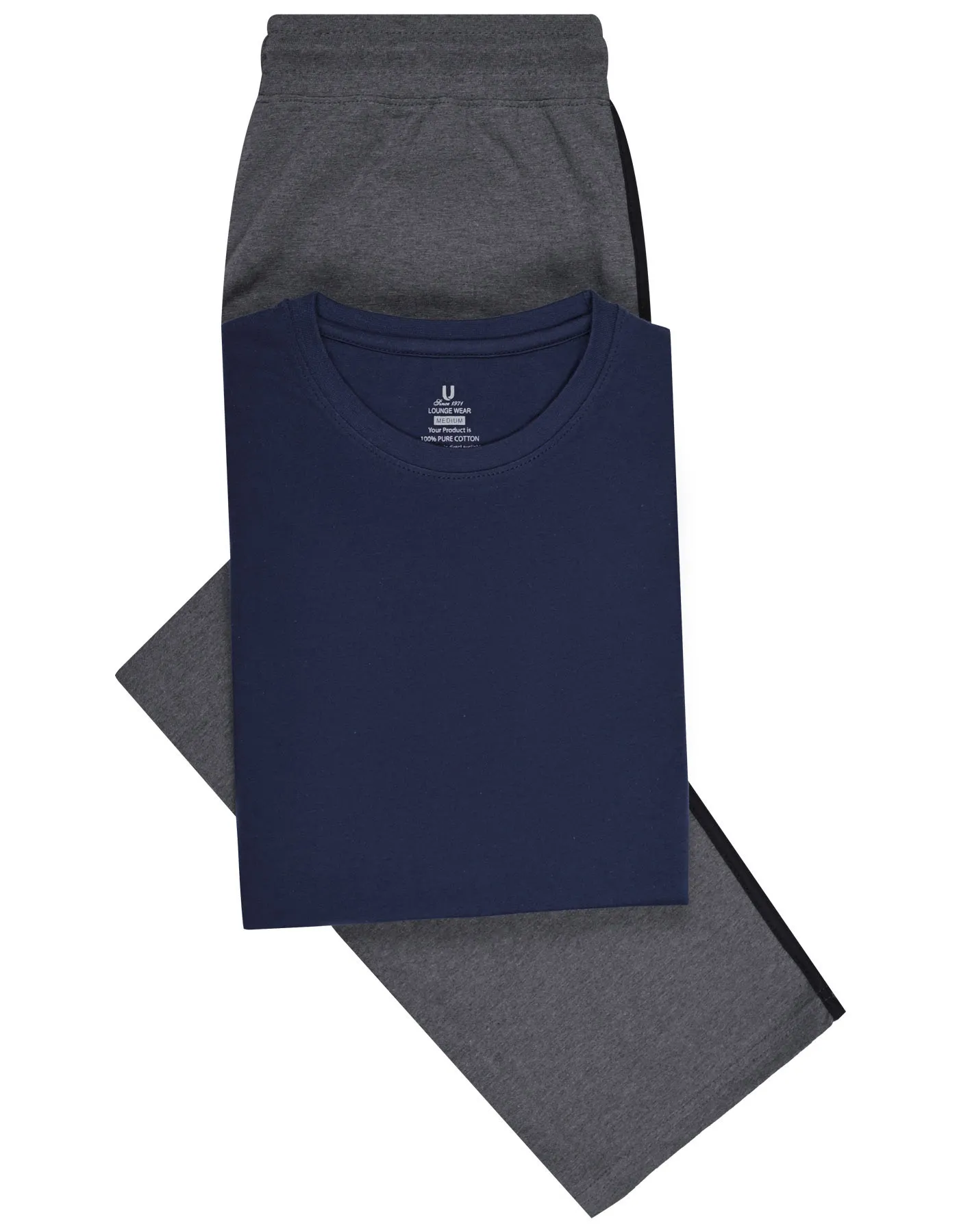 Navy Plain T-shirt Pajama Set Woven For Men